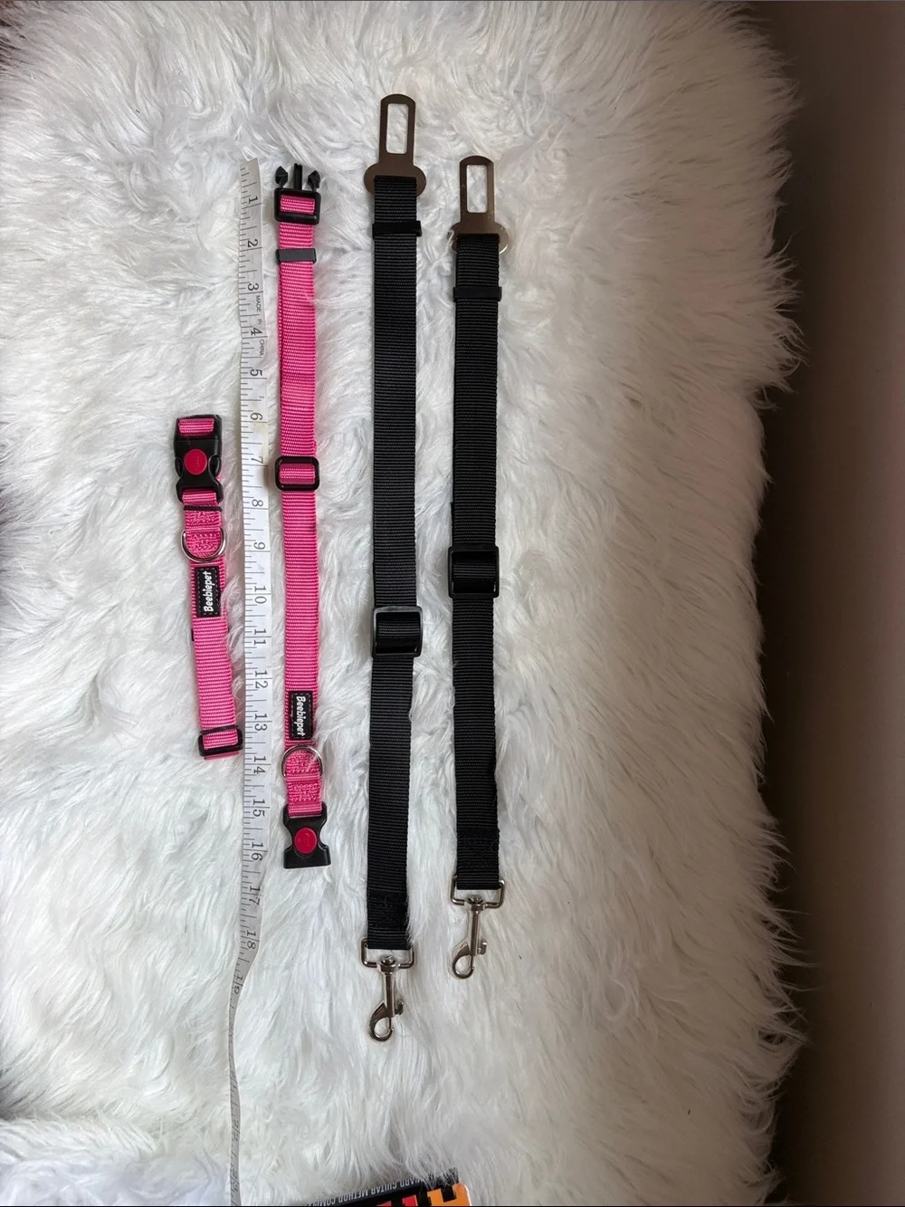 Adjustable Dog Seat Belt & Collar Set in Pink and Black. 2 of Each